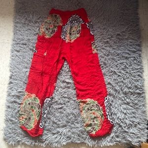 Red, white, brown and green Daisy Island Gypsy/flowly pants, ONE SIZE FITS ALL